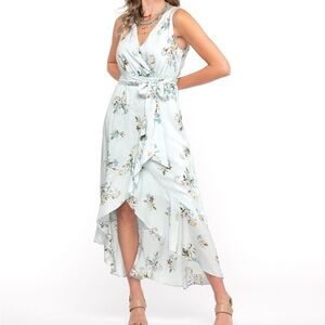Cleo Petites Blue Floral Midi Dress 14P Wrap Style Sleeveless Ruffle Hem Garden